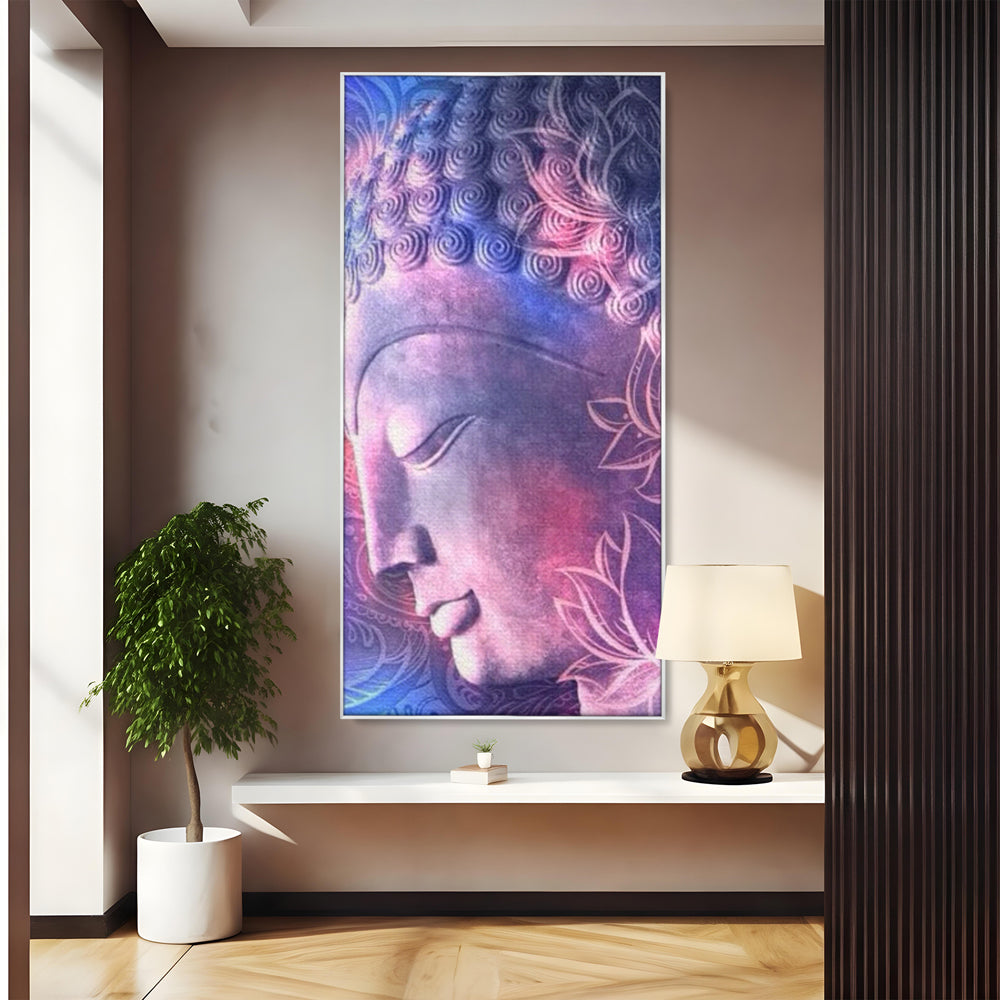 Tablou canvas cu tablou vertical cu profil de buddha, in rama de aluminiu argintiu